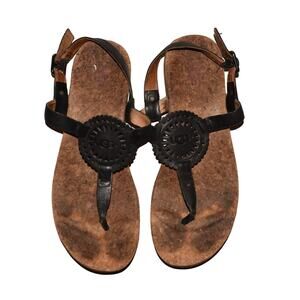 UGG $90 Ayden II T-Strap Sandal Black Sun‎ Medallion Size 7.5